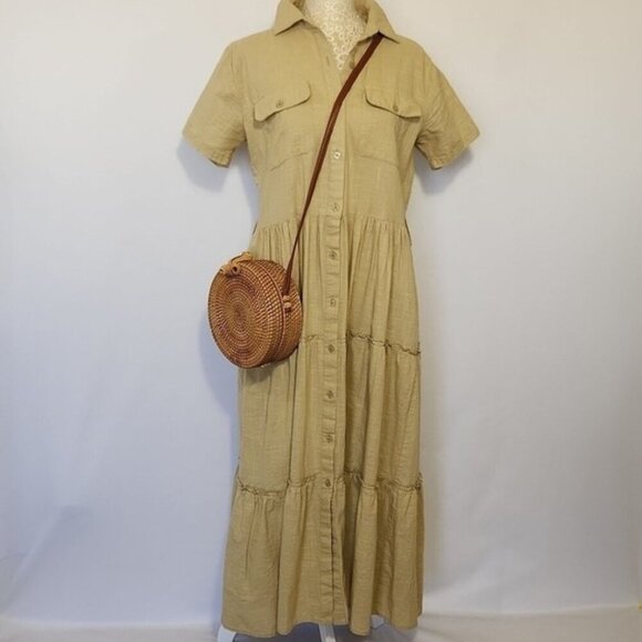 HER Destiny Women's Size S Beige A-Line Loose Tiered Button Down Dress Prairie - Picture 1 of 13